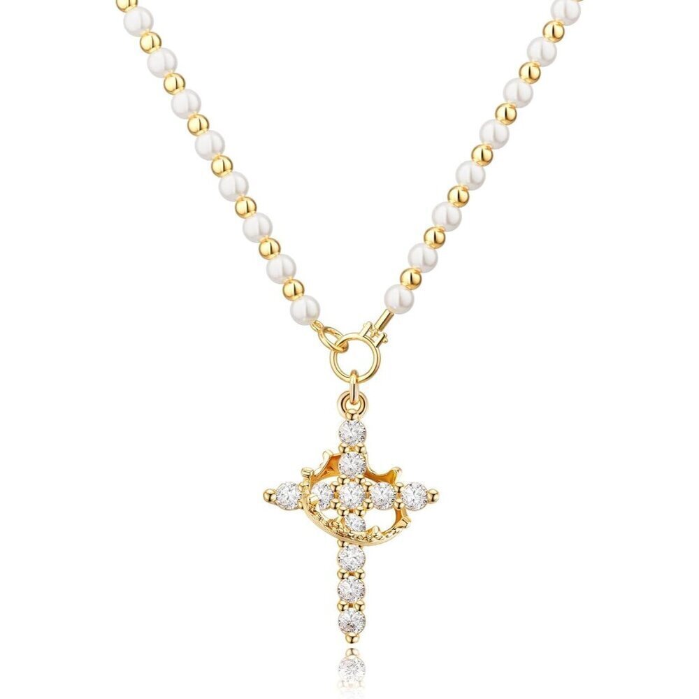 Crown Cross Necklace for Women 14K Gold Silver Plated Faith Birthstone Gift